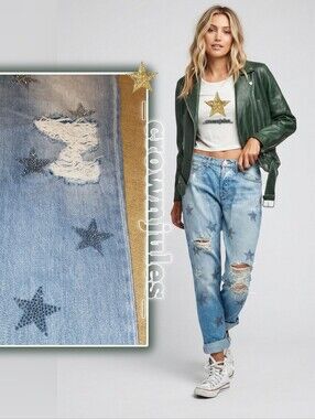 Hudson Riley Crop Shredded Jeans Star Embellished 28 Women